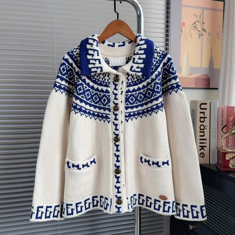 Autumn Winter New Fashion Contrast Color Jacquard Lapel Sweater Coat For Women New Loose Knitted Cardigan 11A07545 Blue One Size