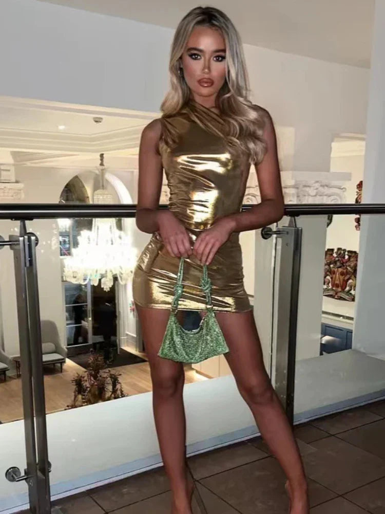 TARUXY Silver PU Mini Dress Womens Bodycon Sexy Sleeveless High Waisted Sheath Dresses Party Fashion Slim Dress Women New Gold