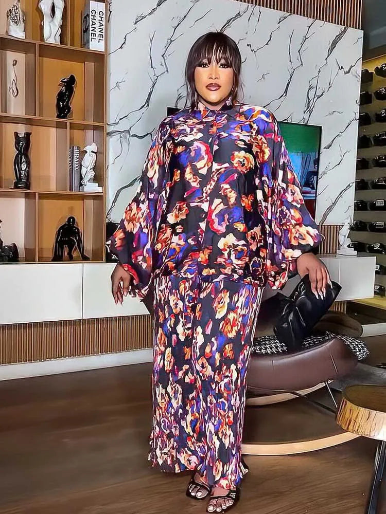 African 2 Piece Sets Women Outfit Loose Casual Long Top Shirt and Pant Set Autumn Plus Size Matching Sets Pleated Trouser Suit PURPLE One Size