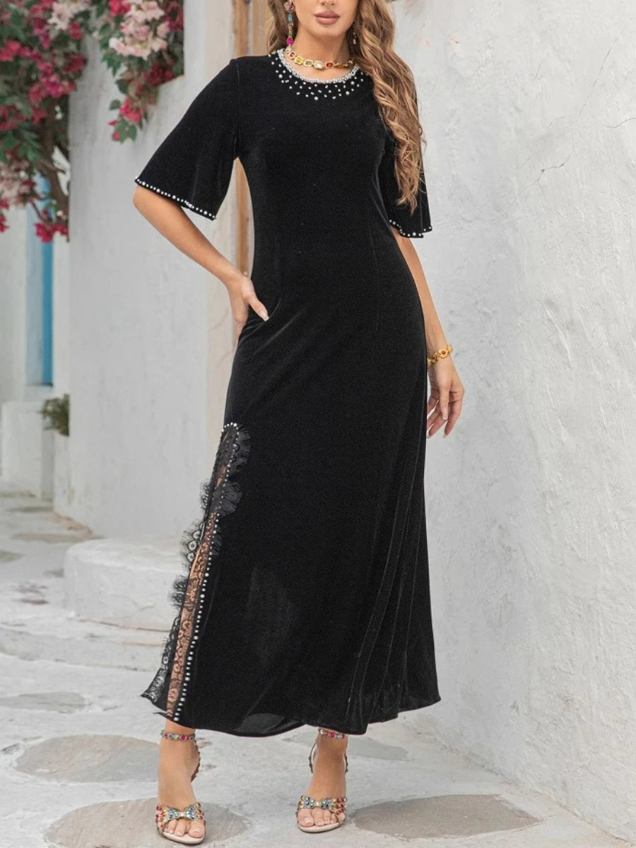 Slimming Split Spliced Bead Elegant Dresses for Women Round Neck Half Sleeves Patchwork Lace Dress Female Clothing
