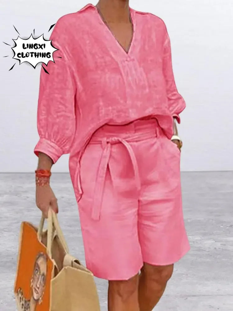 2024 Summer Fashion Plus Size New Matching Collection Women's Shorts Set V-neck Short Sleeves Sports Cotton Linen Two Piece Set