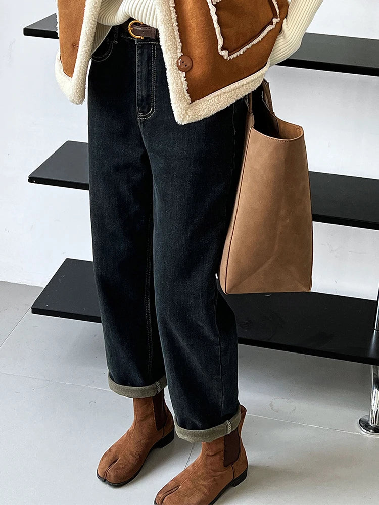 Winter Winter Thick Warm Jeans For Women Solid High Waist Straight Denim Pants Vintage Female Clothing