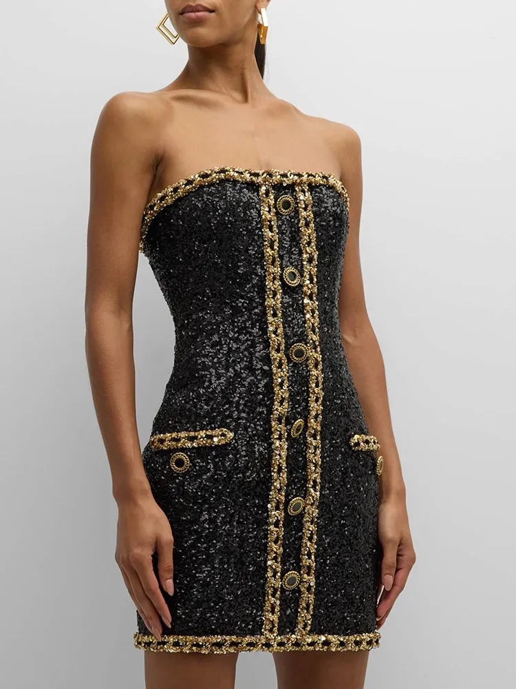 Hit Color Sexy Dresses For Women Strapless Sleeveless High Waist Slimming Patchwork Button Dress Female Fashion New