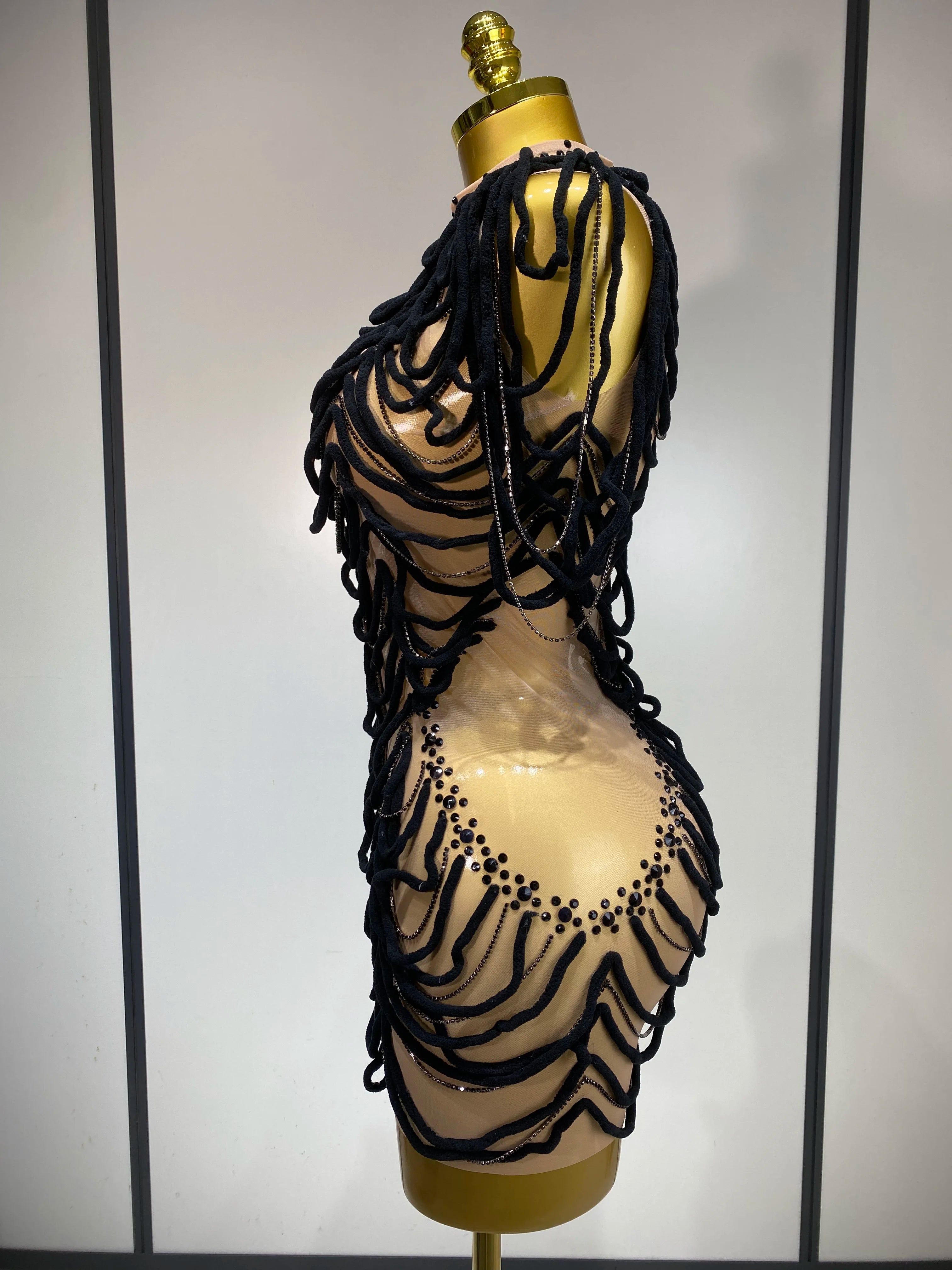 Women Sexy Fashion Short Dress Mesh Designer Rhinestones Chain Stage Costume Nightclub Celebrate Party Performance Outfit