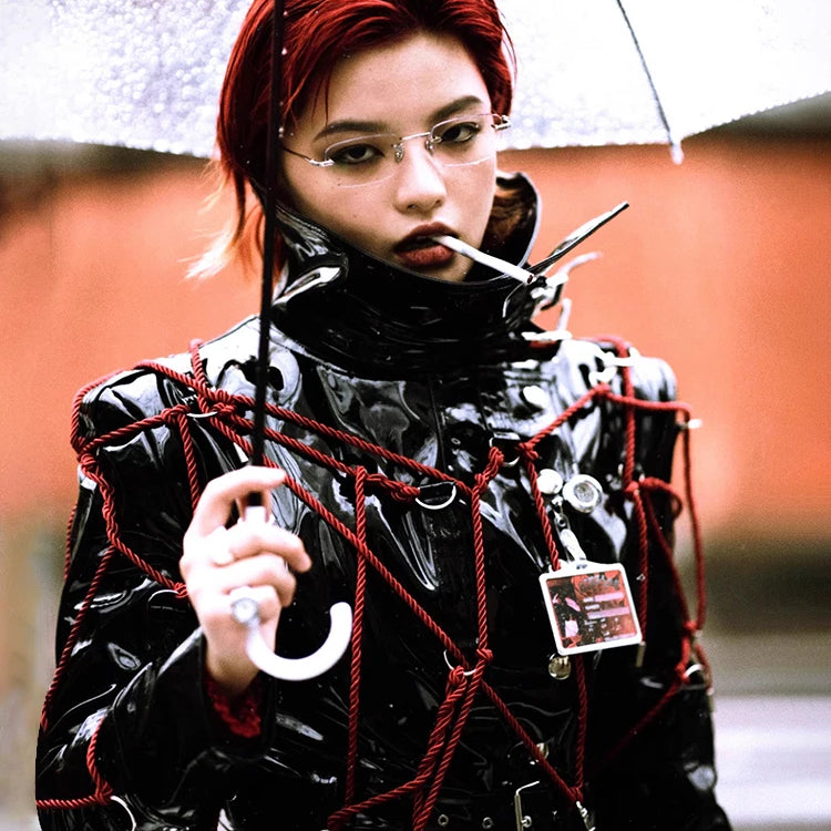 Lautaro Spring Long Cool Shiny Reflective Hard Patent Pu Leather Coat for Women Belt Luxury Designer Punk style Lace Up Clothes Black