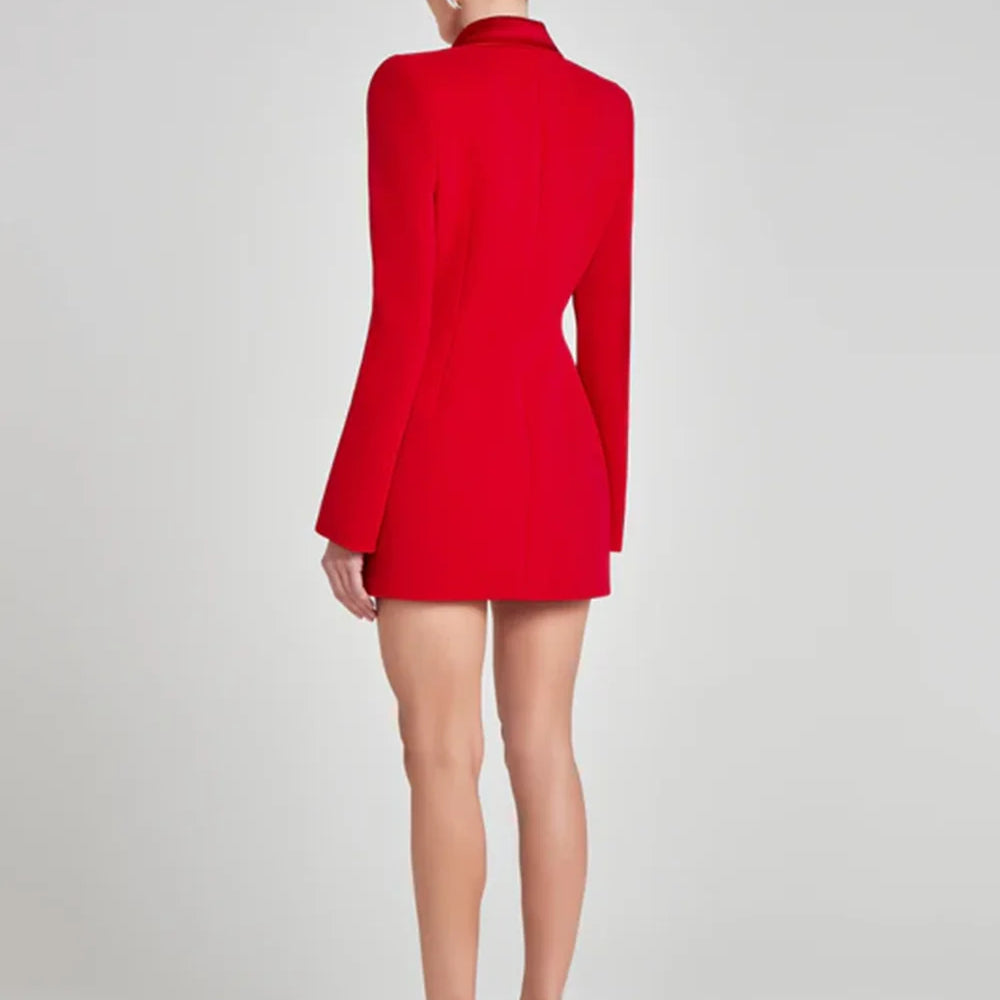 Modphy Women Fashion Double Breasted Red Blazer Coat Notched Neck Long Sleeves Female Outerwear Chic Lady Outfits