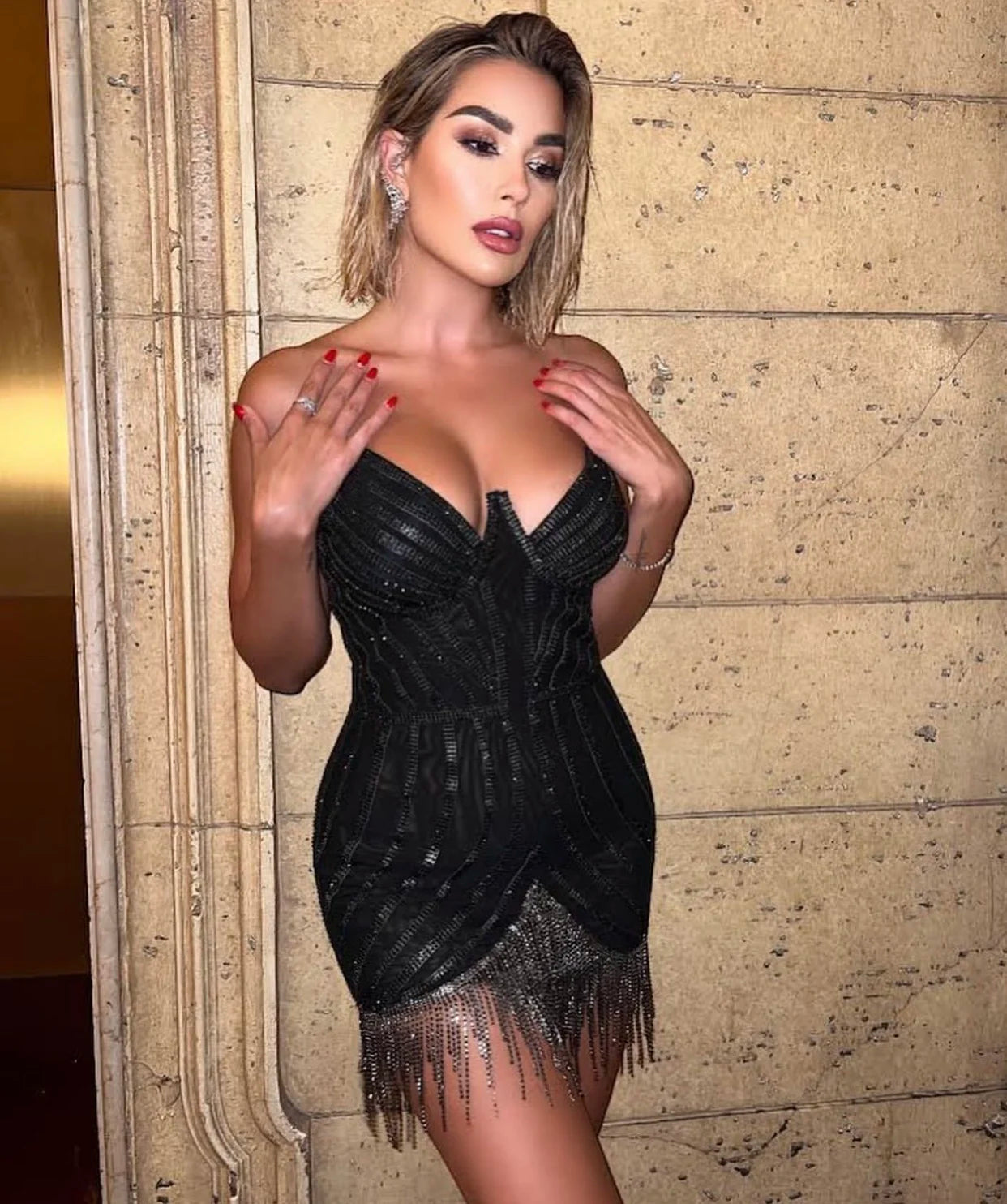 Black Khaki Pearls Sparkly Tassels Birthday Dress Women Sexy Club Wear Strapless Party Night Celebrity Mini Dress