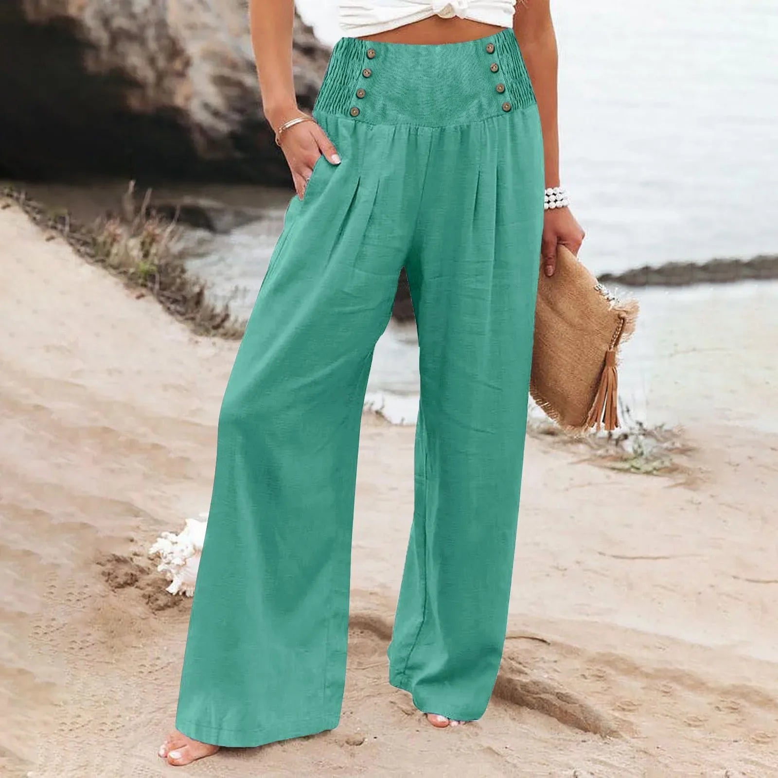Summer Cotton Linen Wide Leg Pants Women Loose Palazzo Pant Pocket Elastic Waist Button Casual Pants Cyan