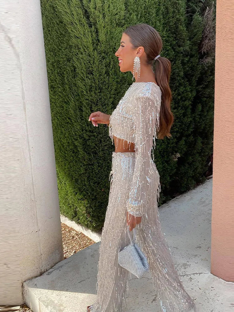 Tassel Sequin Women 2 Piece Set Autumn Silver Bright Silk O-neck Crop Tops Wide Leg Pants Female Suit Fashion Street Lady Sets
