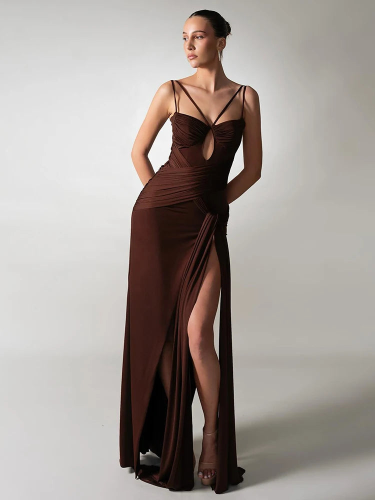 Chocolate Brown Strappy Sleeveless Draped Dress with High Slit & Cutout Detail for Formal Dinner Party Gown