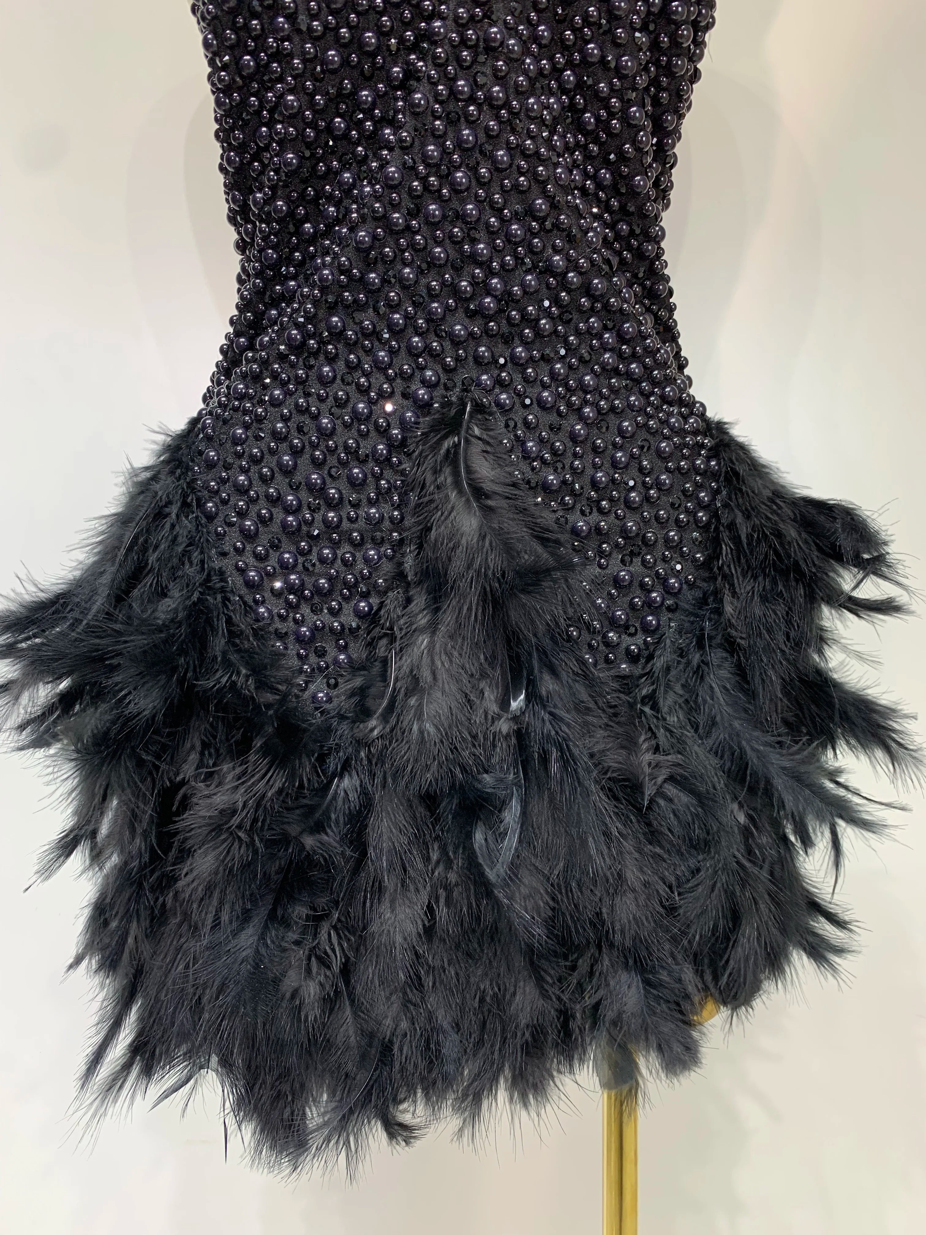 Sexy Backless Feathers Performance Costume Stage Dancer Black Mini Stretchy Nightclub Luxury Birthday Evening Party Dresses