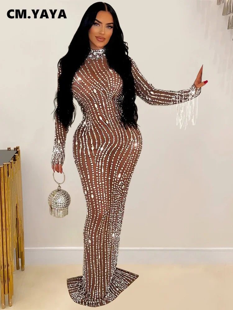 2024 Women Long Sleeve Mesh See Through Diamonds Hot Rhinestones Bodycon Dress Woman Maxi Long Evening Birthday Dresses