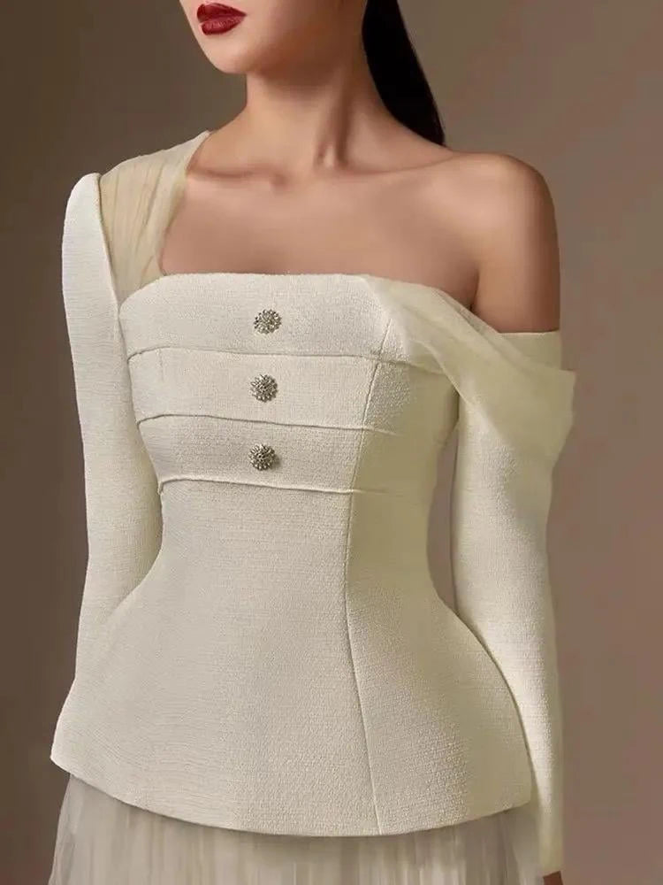 Solid Two Piece Set For Women Diagonal Collar Long Sleeve Tunic Top High Waist Pleated Skirt Elegant Sets Female