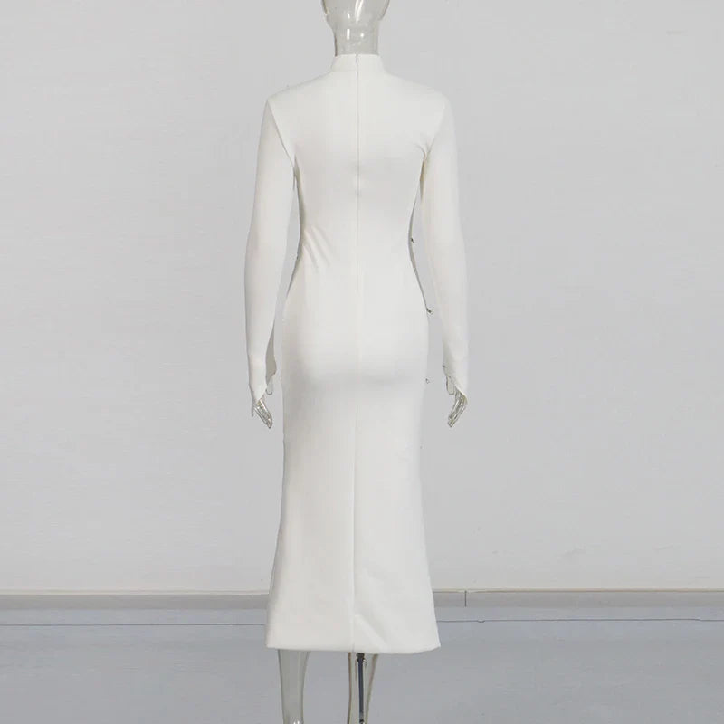 Solid Slimming Spliced Zipper Dress for Women Stand Collar Long Sleeve High Waist Dresses Female Temperament Style