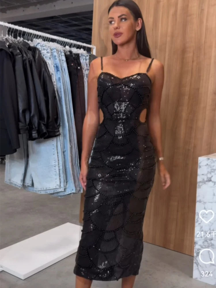 New Black Color Women Sleeveless Sexy Beading Strap Bodycon Long Dress Shinning Sequins Celebrate Elegant Evening Party Dress