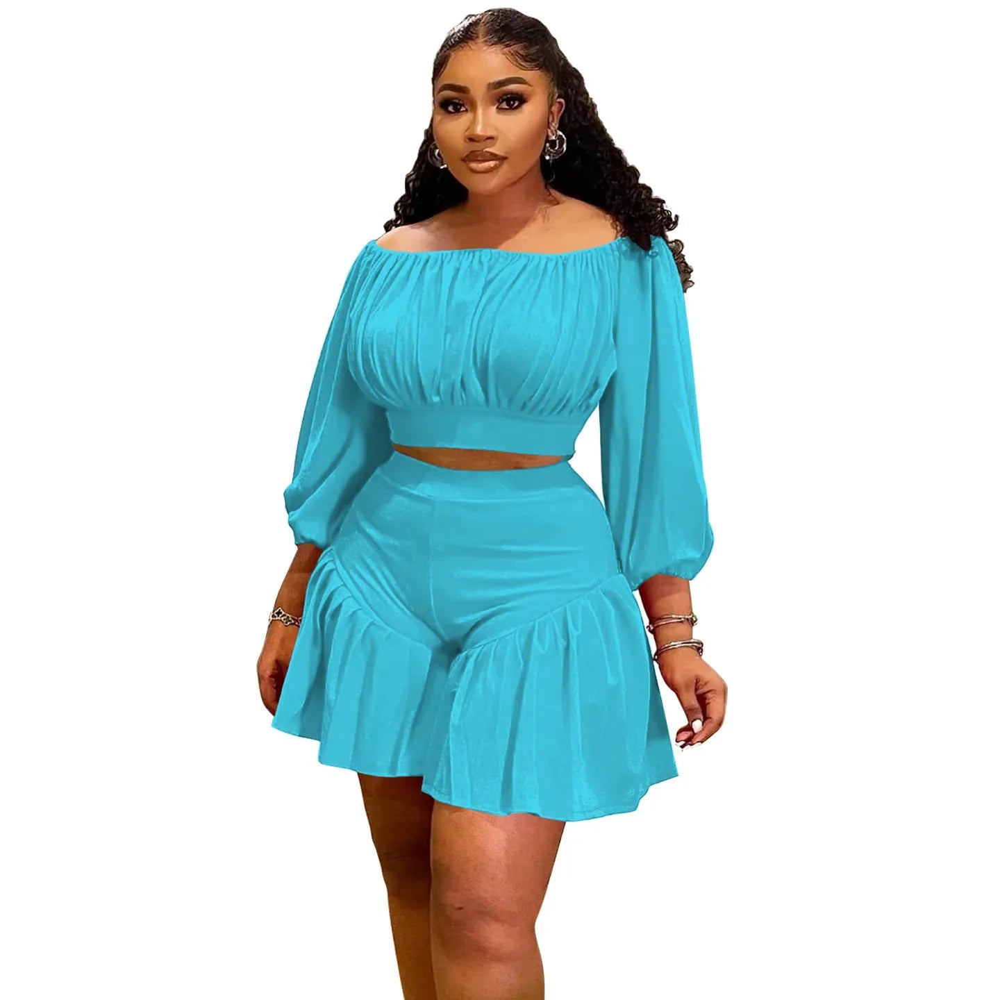 Plus Size Women's Set Long Sleeve Slash Neck T-Shirt and Shorts 2025 Summer Ruched Two 2 Piece Set Outfits Tracksuit Blue
