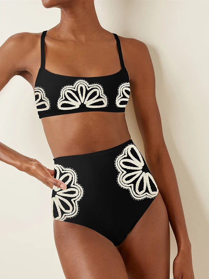 Bathing Suit Women Black Simple Print Fashion Swimsuit Sexy Printed Bikini High Waist Swimwear Two-piece and Skirt Beach Outfits QD1