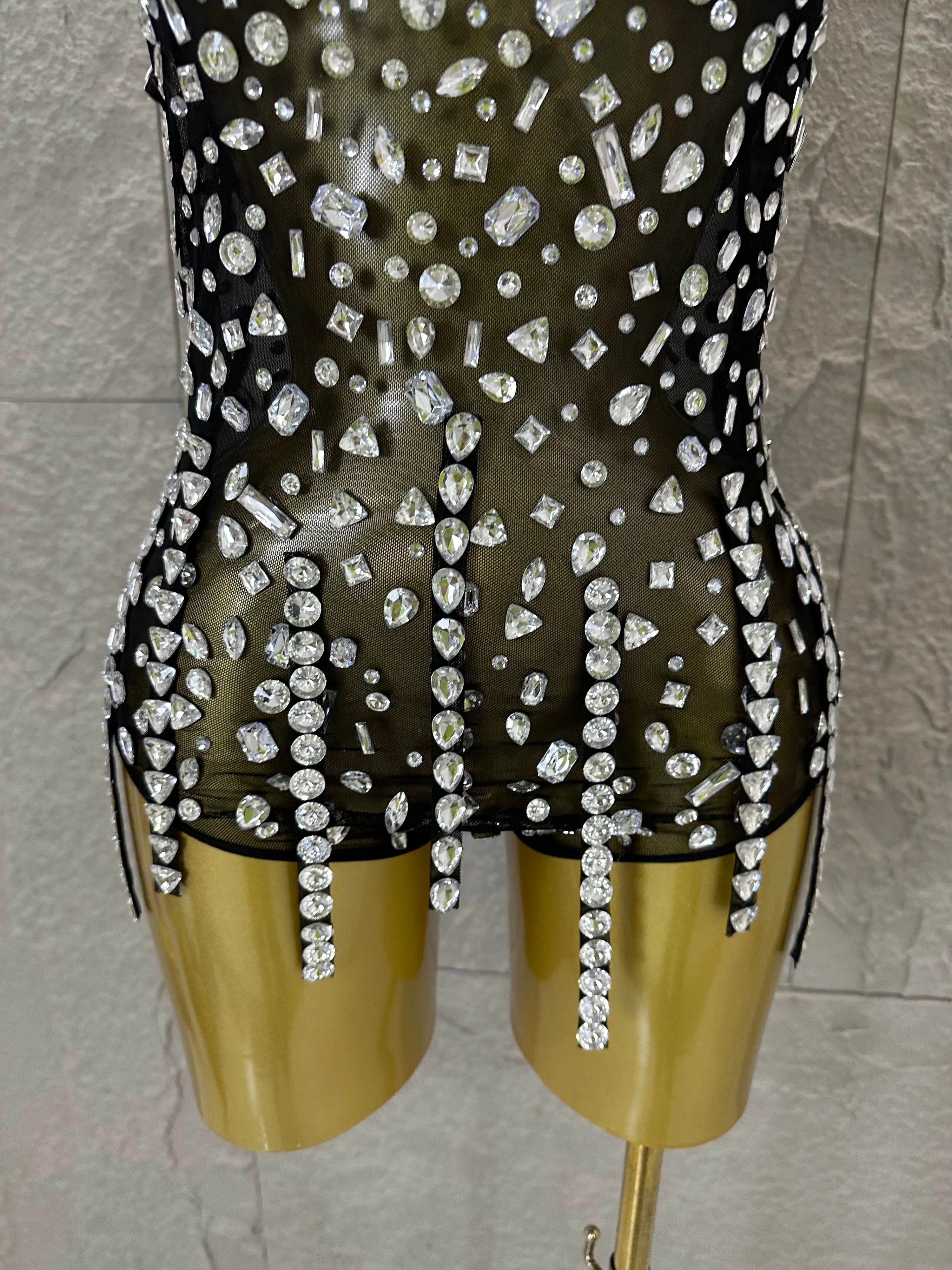 Pink Nude Sleeveless Bodysuit Women Sheer Mesh Crystal Rhinestone Embellished Formal Event Performance Costume