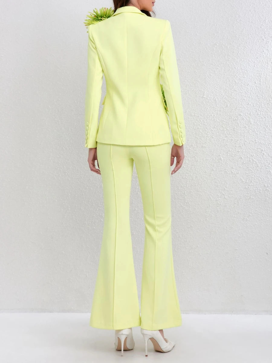 Solid Slimming Spliced 3D Flower Two Piece Sets for Women Lapel Long Sleeves Patchwork Button Top Pant Set Female