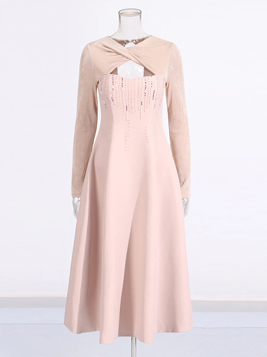 Solid Slimming Bead Elegant Dresses for Women Round Neck Long Sleeve Hollow Out Temperament Dress Female Clothing PINK