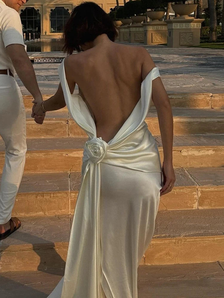 Mozision Satin Backless Sexy Maxi Dress For Women Elegant Rose Thigh High Split Beach Holiday Long Dress Gorgeous Club Gown White