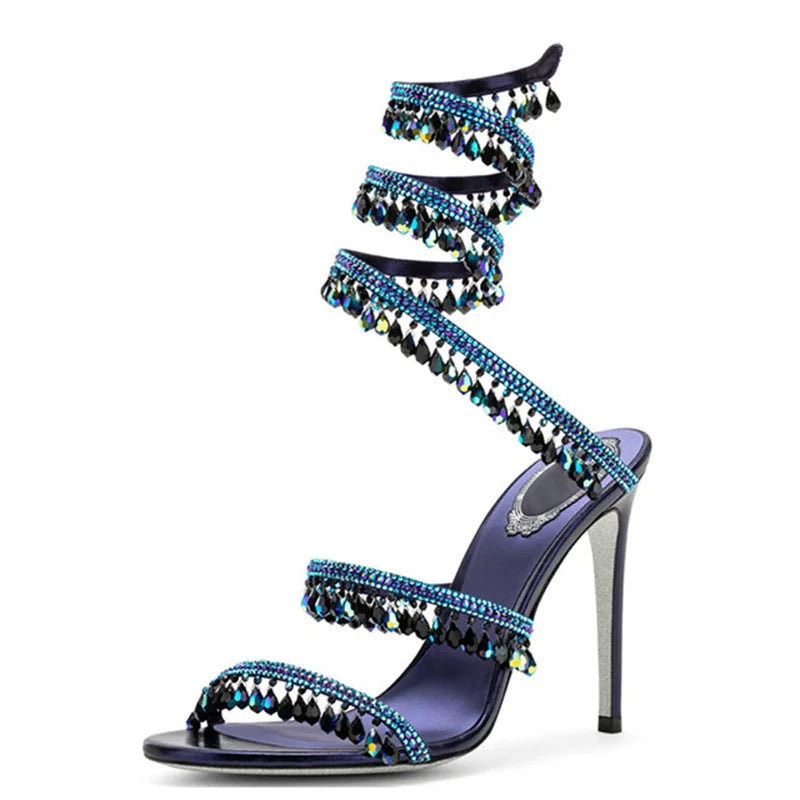 Crystal Wrap Sandals Women Summer 2024 Wedding Shoes High Heel Party Shoes Ankle Strappy Sandals Designer Stiletto Heel Shoes