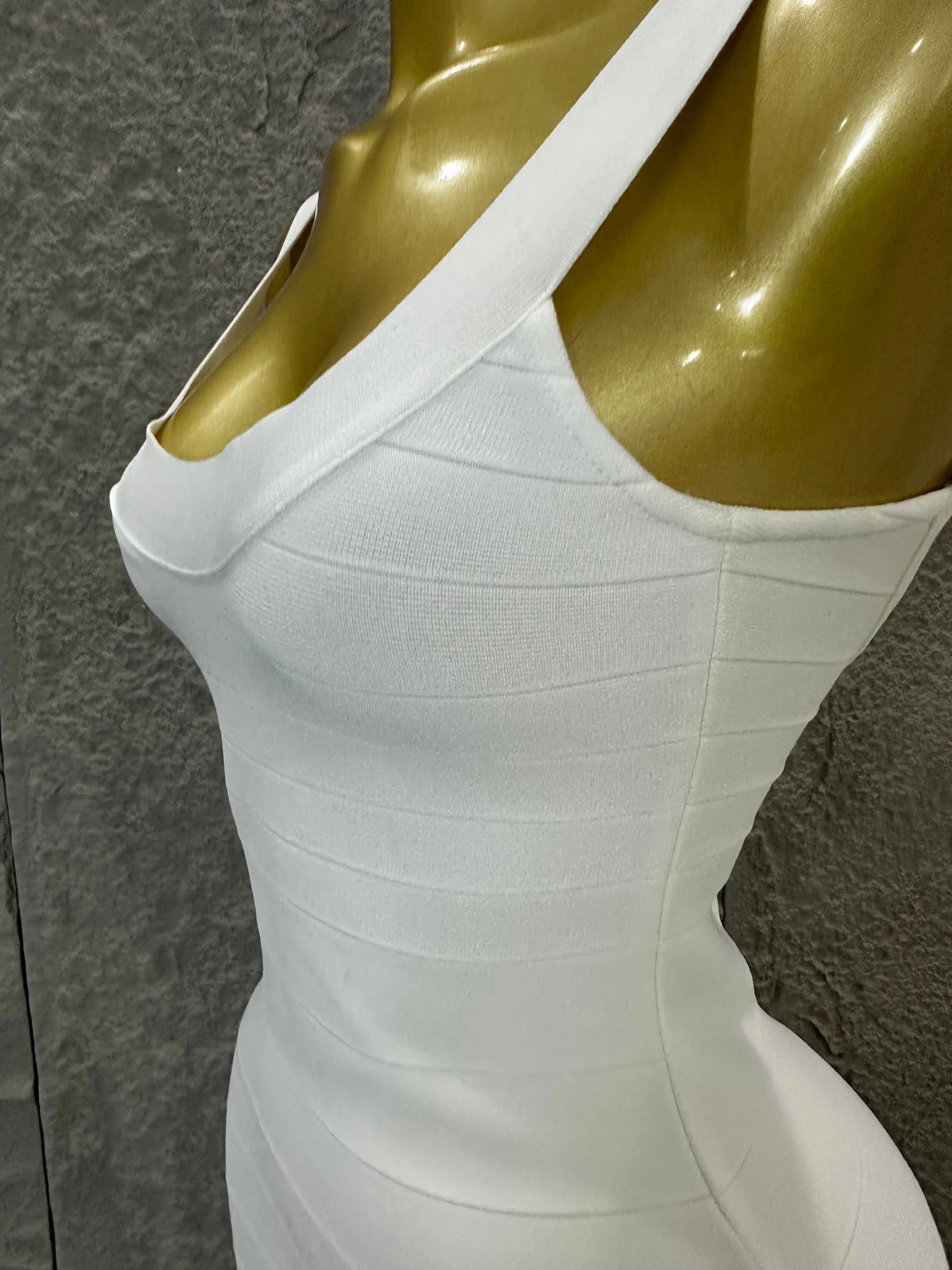 Elegant White Bandage Mini Dress Women Sexy Scoop Neck Sleeveless Bodycon Evening Party Cocktail Party Costume