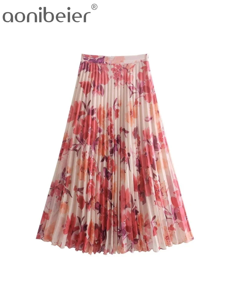 Aonibeier Summer Women Printed Suits Traf Wrist Sleeve V Neck Casual Shirt Female Pleated Maxi Long Skirt Sets Y2K Street