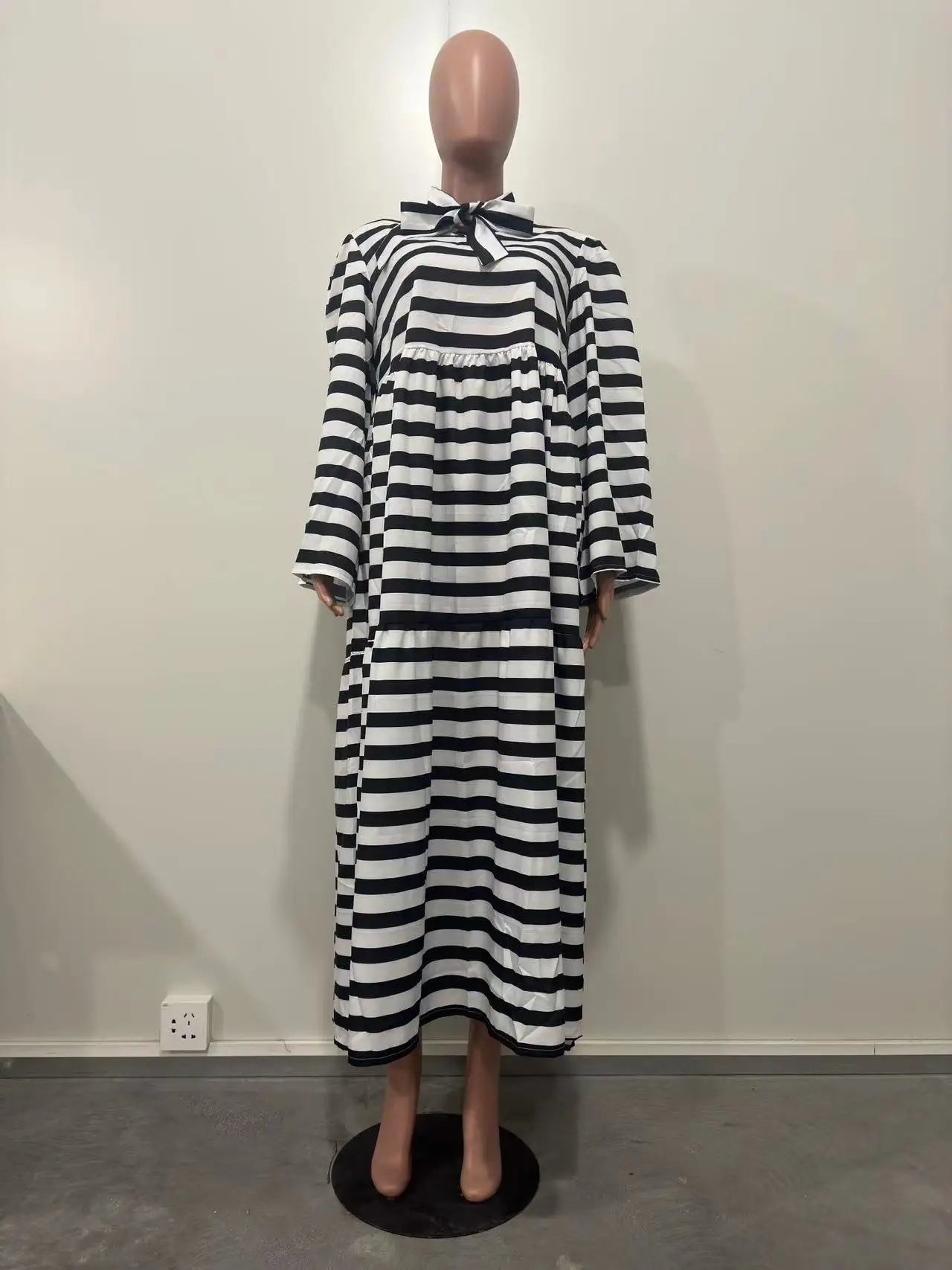 CM.YAYA Vintage Women Striped Bowknot Collar Long Sleeve High Waist Big Swing Babydoll Maxi Long Dress 2023 New Vestidos Dresses