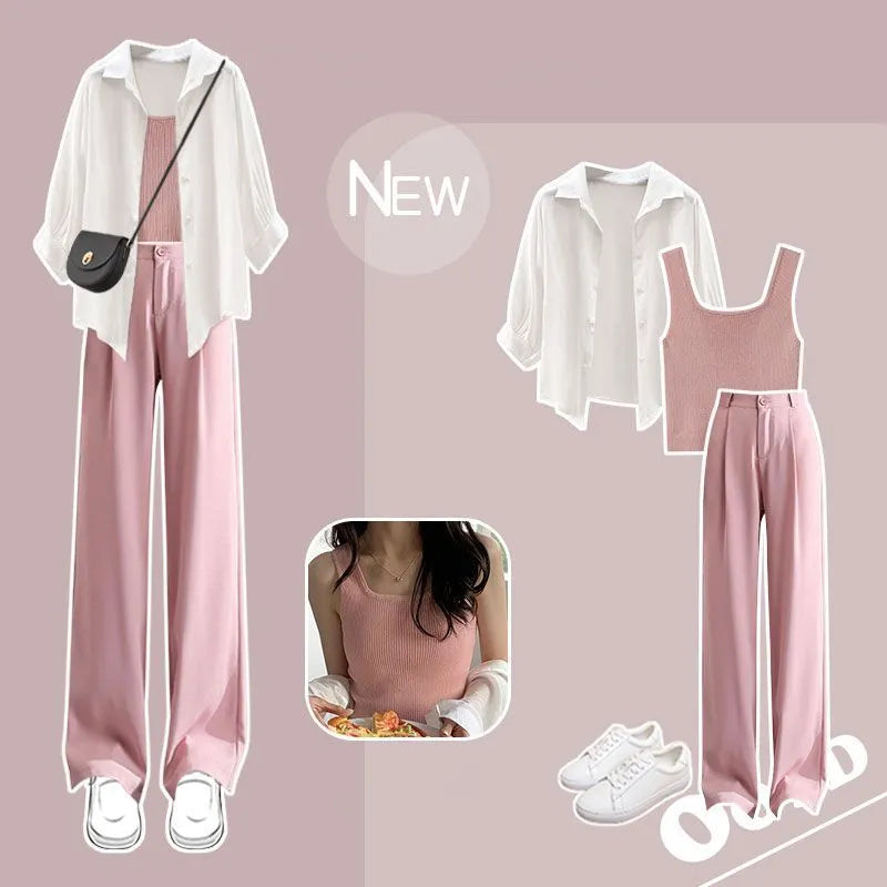 Women High Waist Long Denim Pants 2024 Summer Lady Daily Solid Shirt Vest Jeans 3 Piece Set Korean Fashion Blouse Tank Top Suits Pink Set A