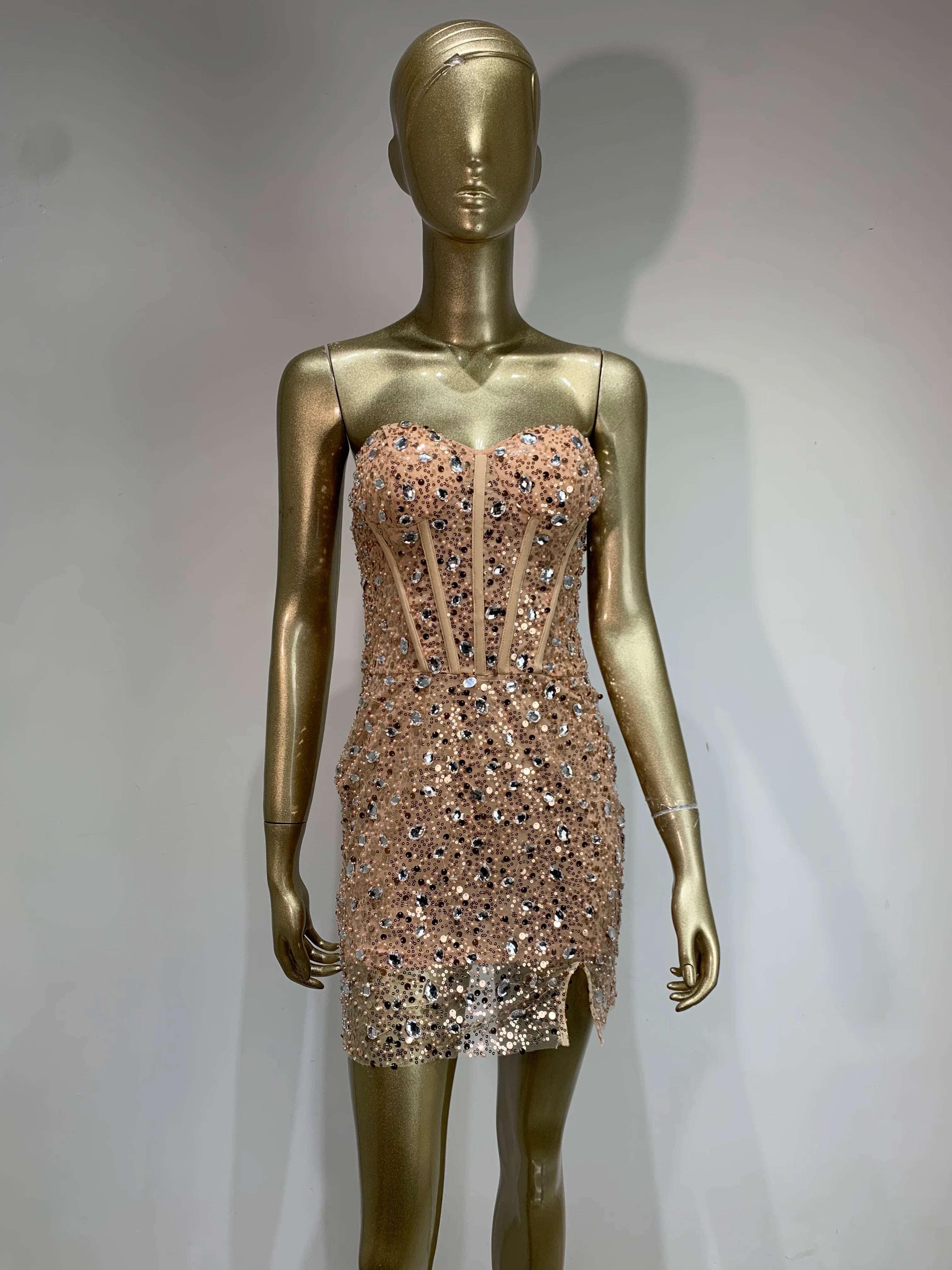 Summer Sexy Strapless Backless Mesh Sequins Diamonds Gold Mini Women Celebrity Dress 2024 Elegant Party Evening Club Vestido