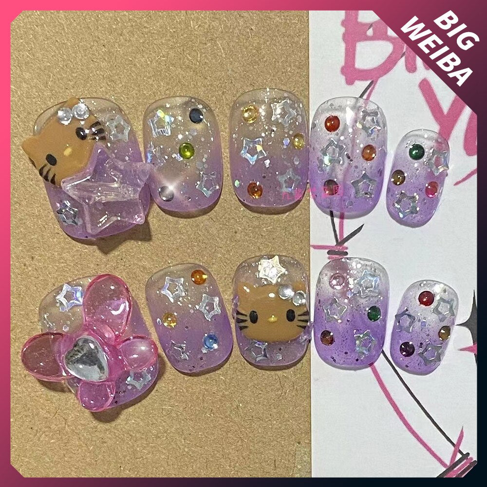 Été plage voyage vacances Hello Kitty conque ongles fille bleu jeunesse travail manuel personnalisable faux ongles fille soeur cadeau
