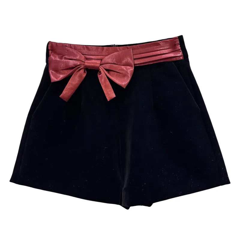 Winter New Fashion Three-Dimensional Bow Patchwork Velvet Shorts For Women Wide-leg Boot Short Pants Female 11A07475