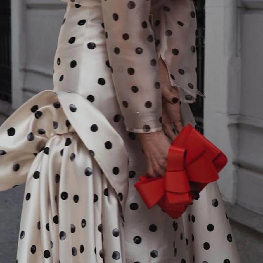 Hit Color Sheer Spliced Wave Point Two Piece Sets for Women Round Neck Long Sleeves Top High Waist Skirt Set Female