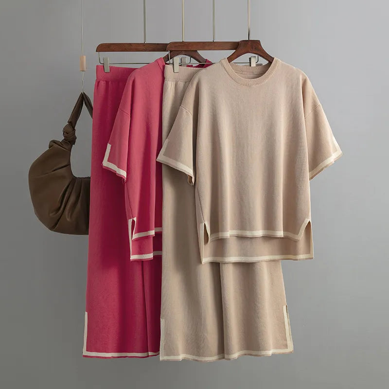 WAYOFLOVE Spring Autumn Knitted Sweater Women Two Pieces Sets O-Neck Loose Pullovers Sweater Tops & Wide-Leg Pants Knitwear Suit