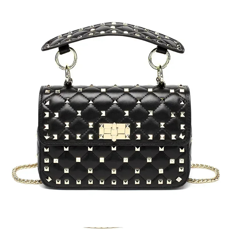 Fashion Women Sheepskin Leather Rivet Handbags Chain Bag Designer Shoulder Bags Luxury Woman Messenger Bags Black 23CMx8CMx16CM