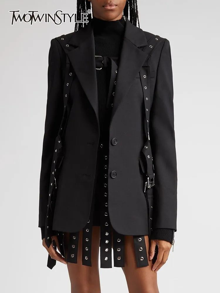 Solid Patchwork Belts Blazers For Women Notched Collar Long Sleeve Patchwork Single Breasted Chic Blazer Female New