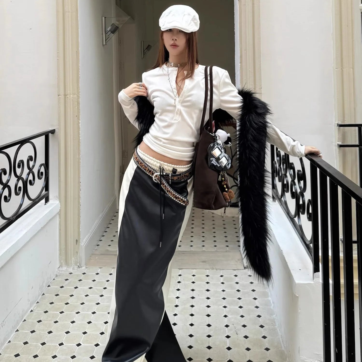 Lautaro Spring White and Black Patchwork Pu Leather Floor Length Straight Skirt Women with Back Slit Drawstring Elastic Waist