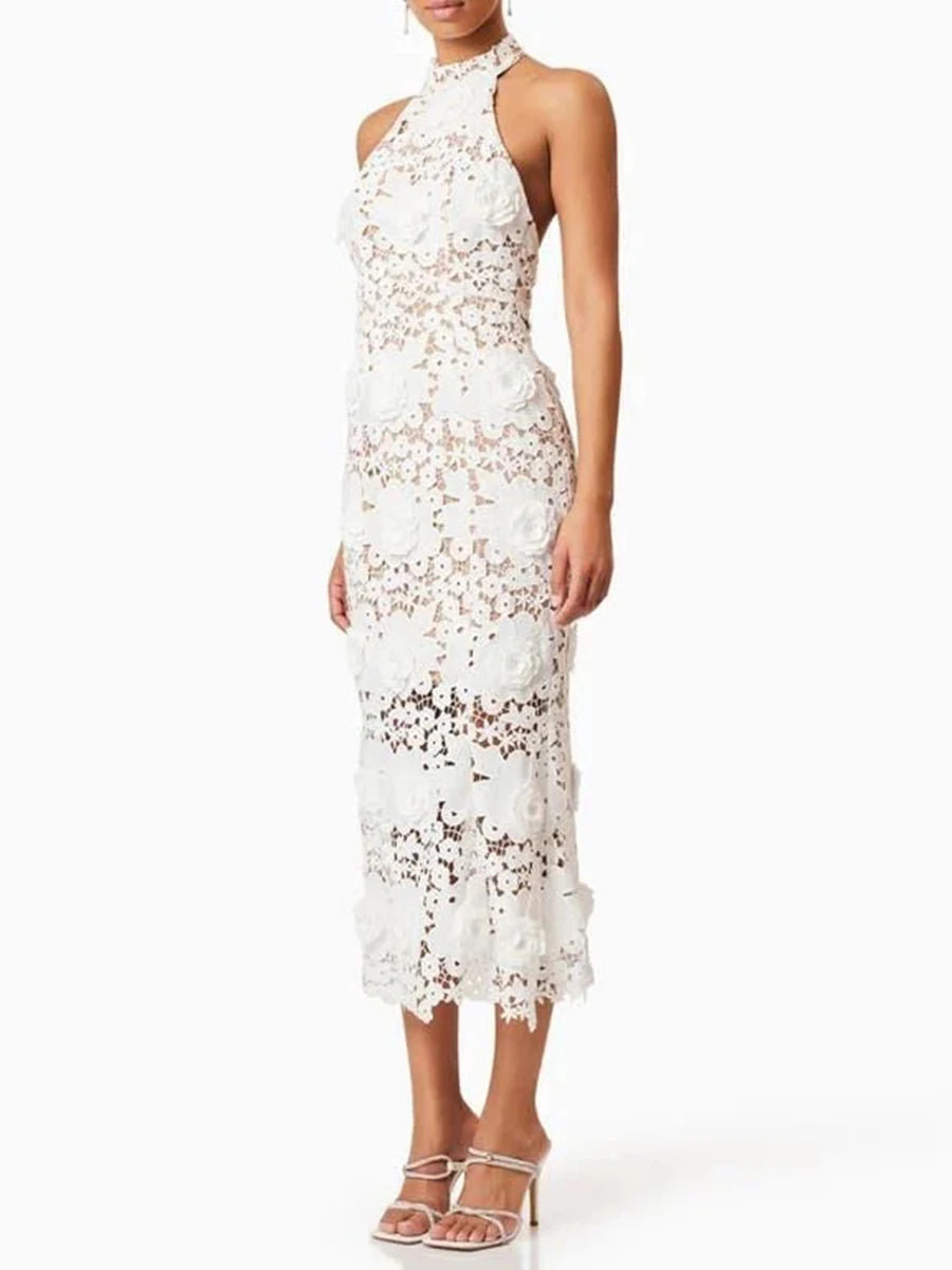 Solid Slimming Hollow Out Dresses for Women Halter Neck Sleeveless Patchwork Appliques Elegant Dress Female Fashion