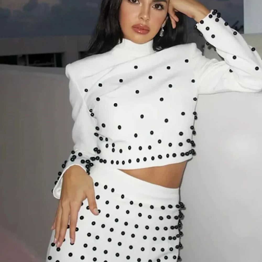 Women'S Black And White Beaded Short Top+Long Skirt Bandage Two-Piece Set Elegant Evening Party Female Outfit 2025 New