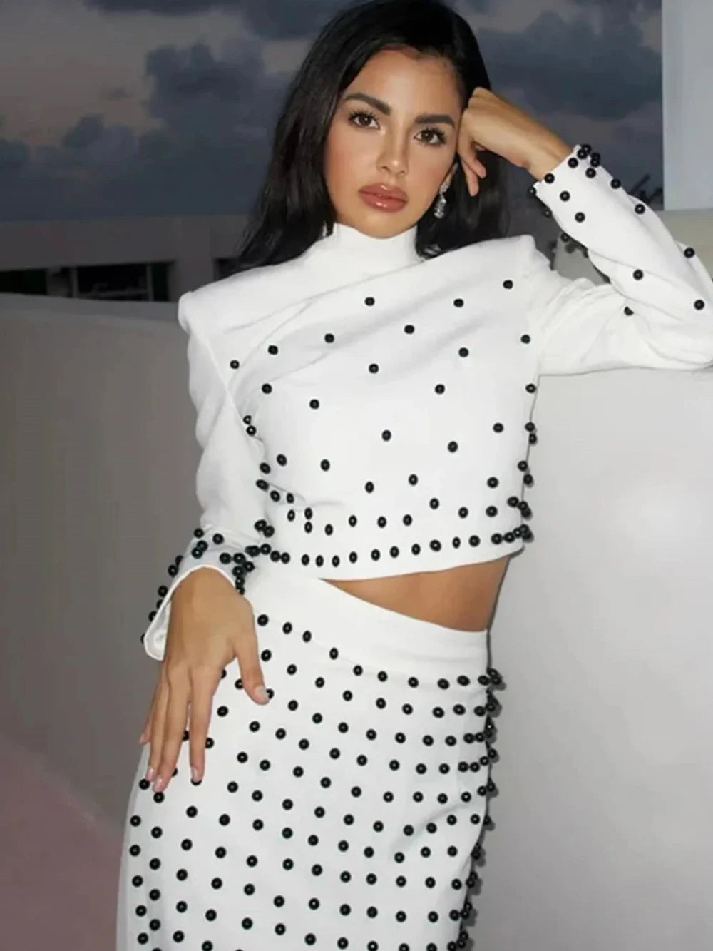 Women'S Black And White Beaded Short Top+Long Skirt Bandage Two-Piece Set Elegant Evening Party Female Outfit 2025 New