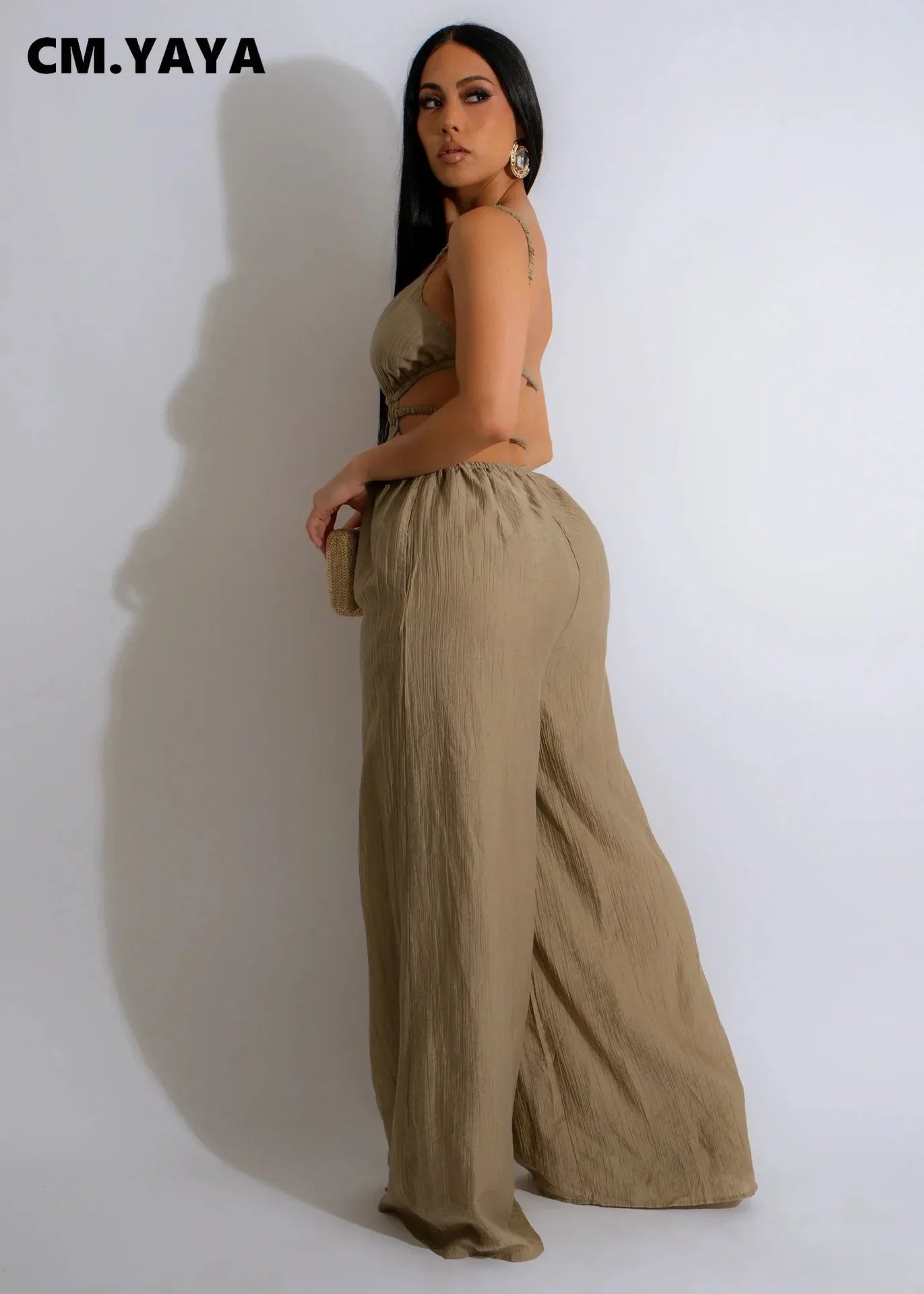 Women Sleeveless Strap V-neck Backless Wide Leg Long Jumpsuits 2025 Summer Beach Night Club Street Sexy Outfit Rompers