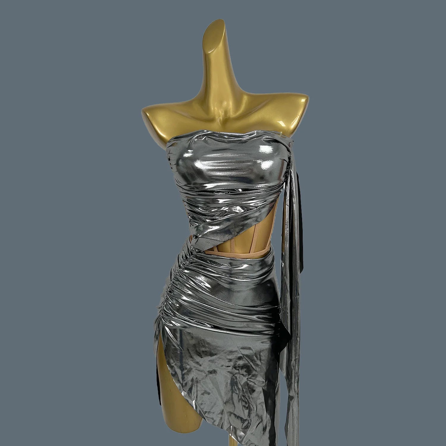 New Hot Design Nightclub Prom Strapless Bandage Top Mini Skirt Set Girls Party Wear Stage Performance Dress for Women Xiongzhong GRAY One Size