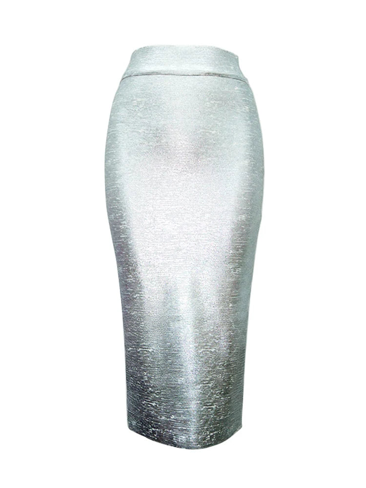 Women Summer Skirt Sexy Silver Gold Bronzing Midi Bandage Skirt High Street Designer Skinny Party Midi Pencil Skirts 78cm Solver 78cm