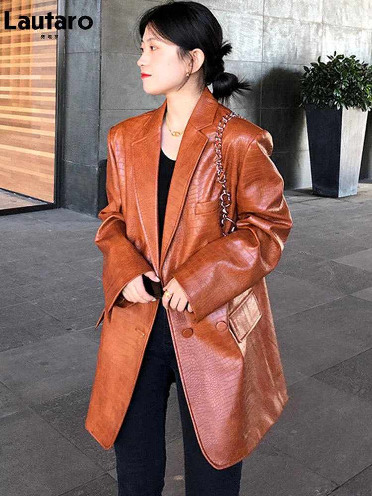 Autumn Oversized Shiny Purple Crocodile Pattern Faux Leather Blazer Women Long Sleeve Double Breasted Y2K Jacket Fashion Brown