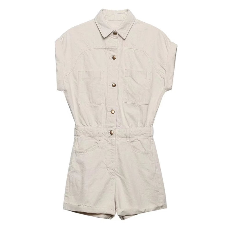 TARUXY Lapel Pocket Denim Jumpsuit Women Sexys Short Sleeve Slim Bodycon Ropa De Mujer Casual Overalls One Piece Womens Clothing Khaki