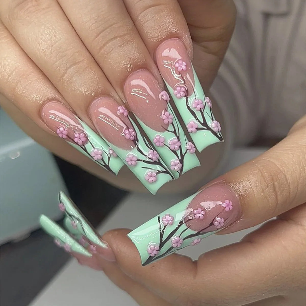 24pcs/set Long Medium short fake nails for women girls cute bow flowers decoration french tips faux ongles press on false nail 736
