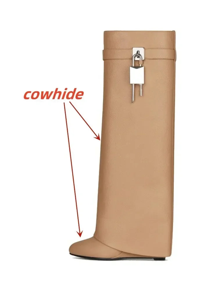 European and American Metal Lock Fasteners for High Tube Skirts, Boot Slopes, Leg Sleeves, Knee Length Boots, Platform Boots apricot cowhide