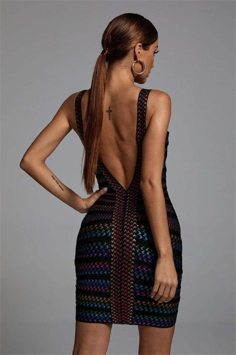 Celebrity Colorful Striped Foiling Print Rayon Bandage Dress Bodycon Evening Party Dress