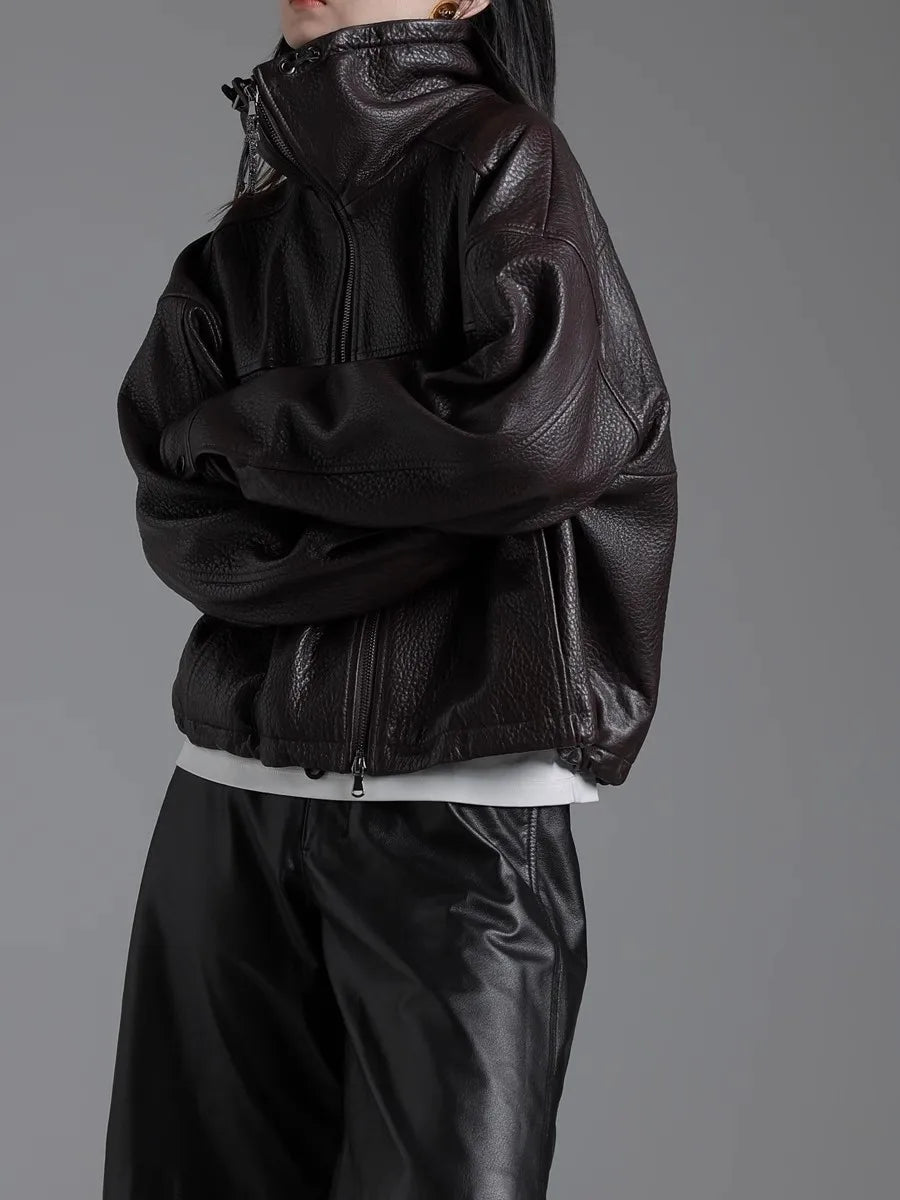 Lautaro Spring Autumn Cool Waterproof Short Brown Pu Leather Jacket Women with Long Raglan Sleeve Zip Up Luxury Designer Clothes Brown